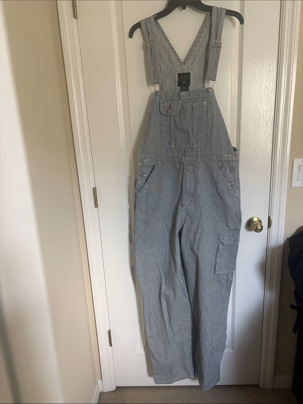 Vintage 90’s Faded Glory Blue & White Striped Men's Wide Leg 
Carpenter Overalls